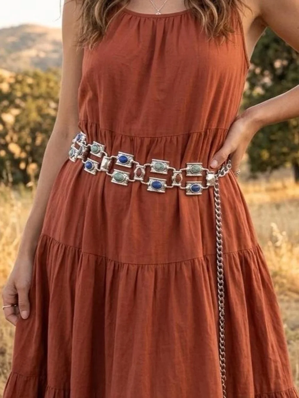 Silver Chain Belt with Blue and Turquoise Stone Accents - Women's Accessory